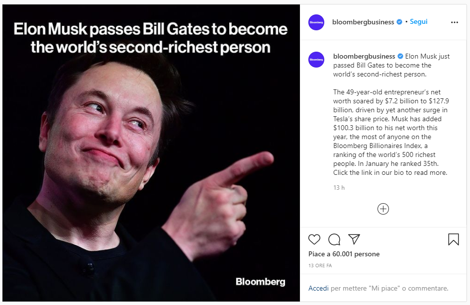 Il post di Bloomberg su Elon Musk.